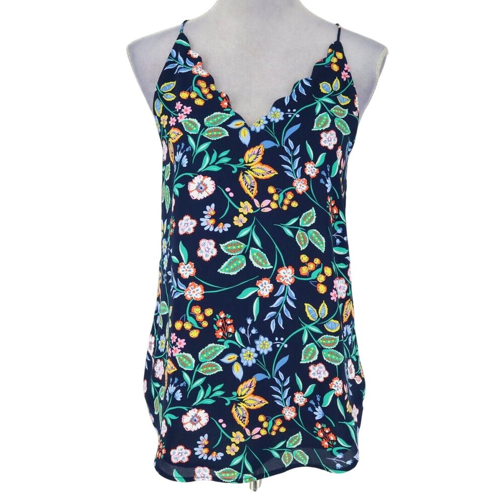Loft Top Womens Small Blue Pink Floral Camisole Lined Blouse Scallop Neckline - Picture 1 of 11